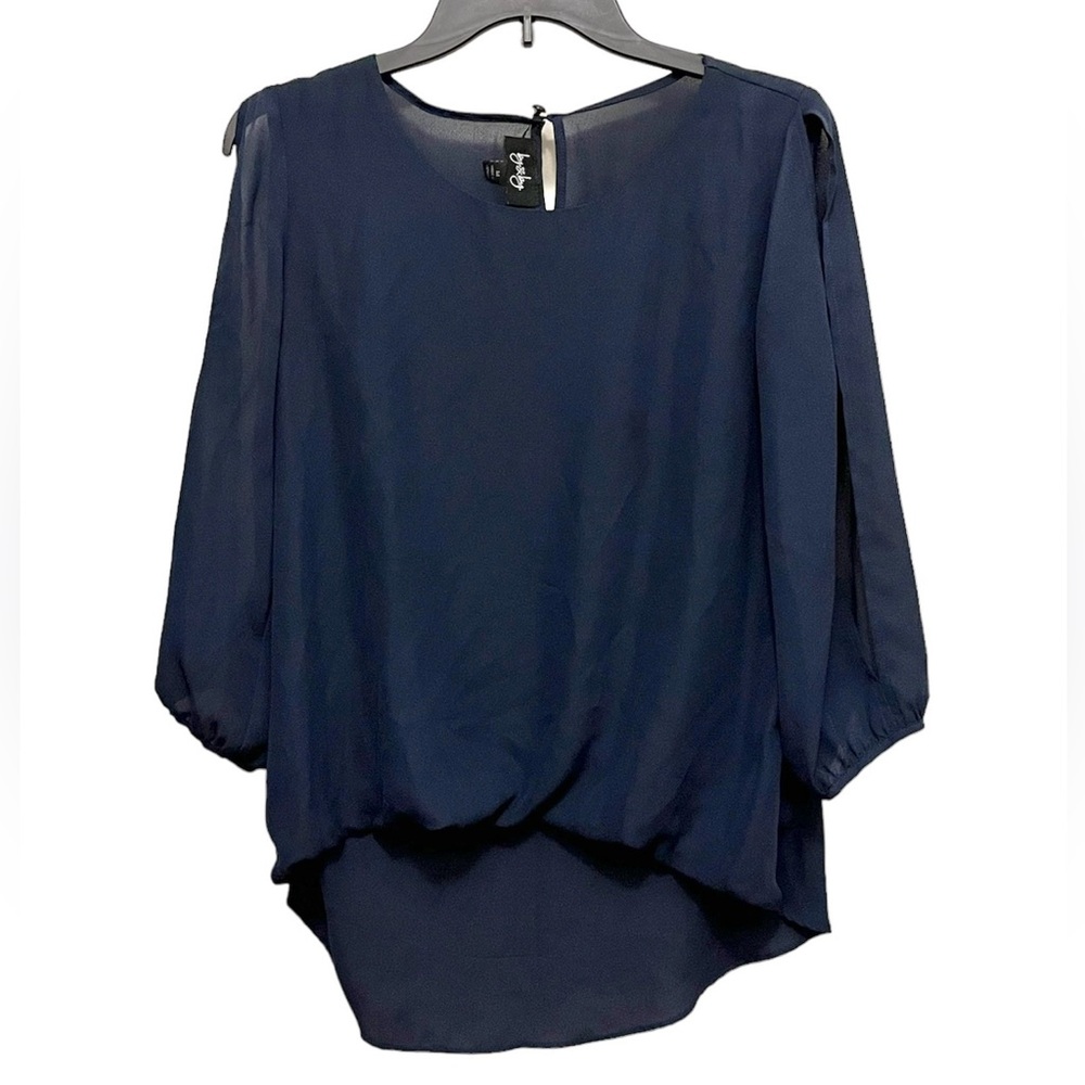 By & By Vintage 90’s Bubble Top Cold Shoulder Navy Blue Sheer Blouse